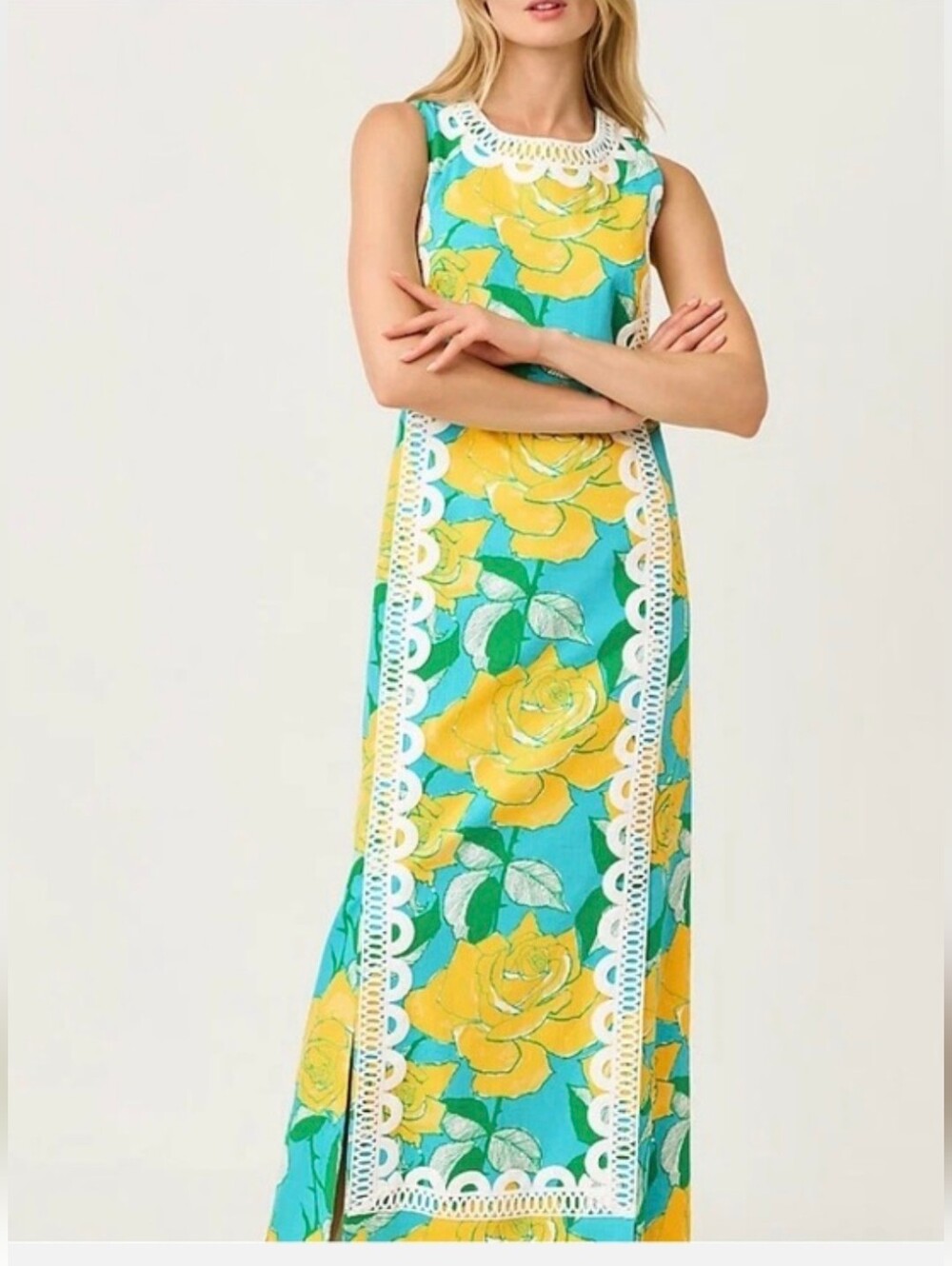 Nwt Lilly pulitzer Floral Maxi Skirt Dress Shift Stretch Lace Trim Blue Yellow 2
